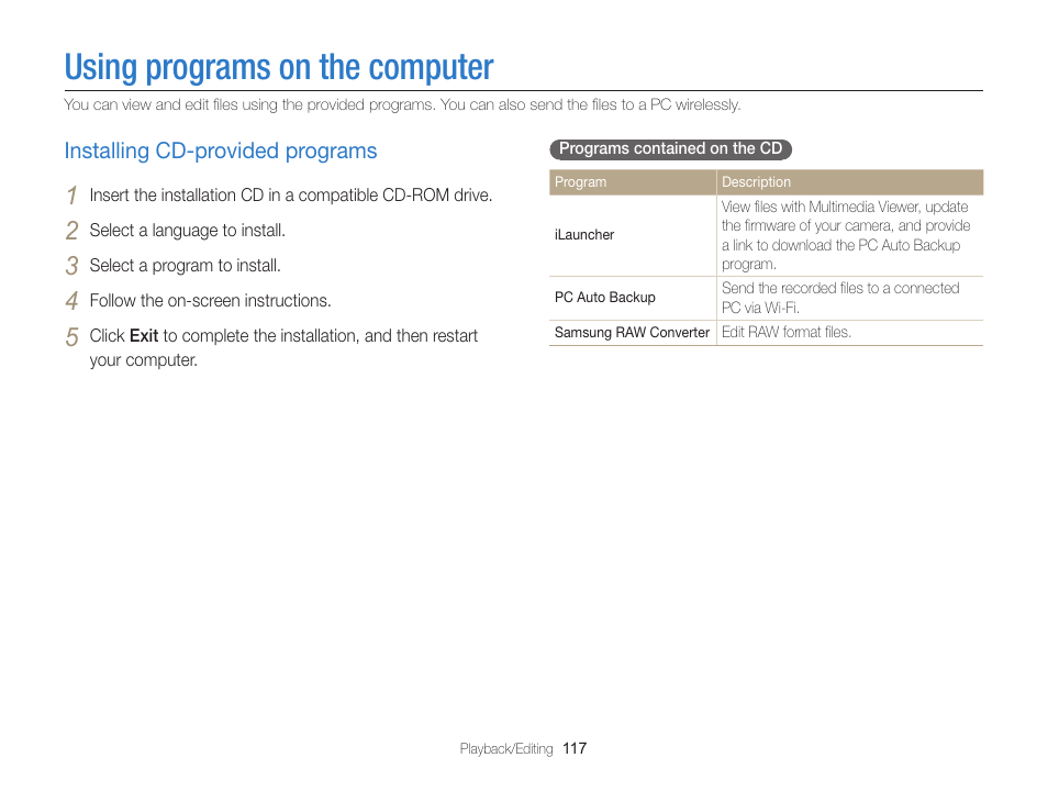 Using programs on the computer, Installing cd-provided programs, Installing cd-provided programs ……… 117 | Samsung EC-EX2FZZBPBUS User Manual | Page 118 / 193