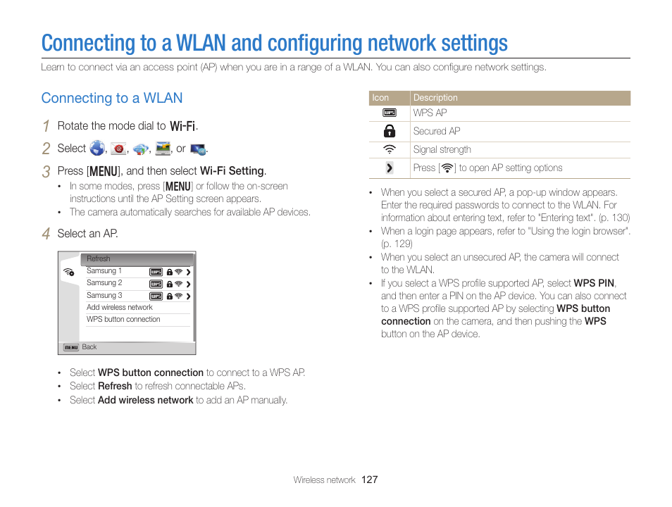Connecting to a wlan, Connecting to a wlan and conﬁguring, Network settings | Connecting to a wlan ………………… 127 | Samsung EC-EX2FZZBPBUS User Manual | Page 128 / 193