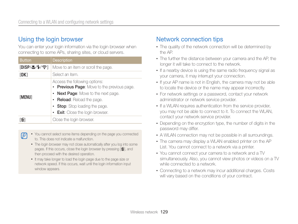 Using the login browser, Network connection tips, Using the login browser ………………… 129 | Network connection tips ……………… 129 | Samsung EC-EX2FZZBPBUS User Manual | Page 130 / 193