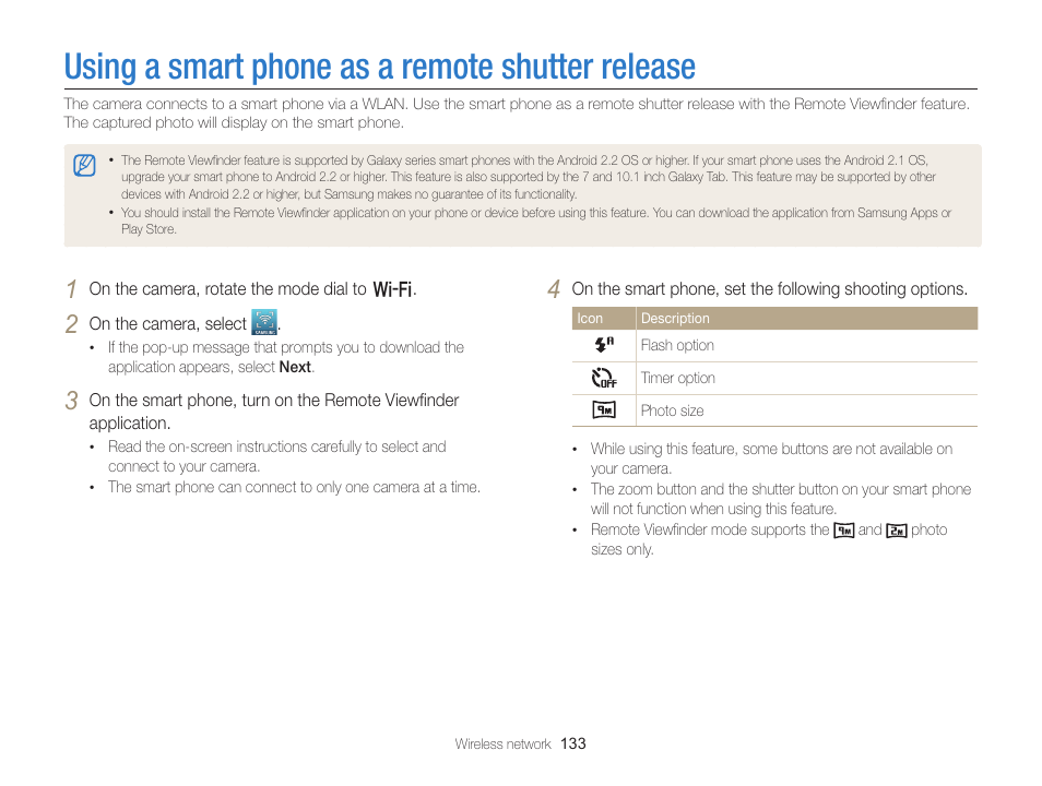 Using a smart phone as a remote shutter release, Using a smart phone as a remote, Shutter release | Samsung EC-EX2FZZBPBUS User Manual | Page 134 / 193
