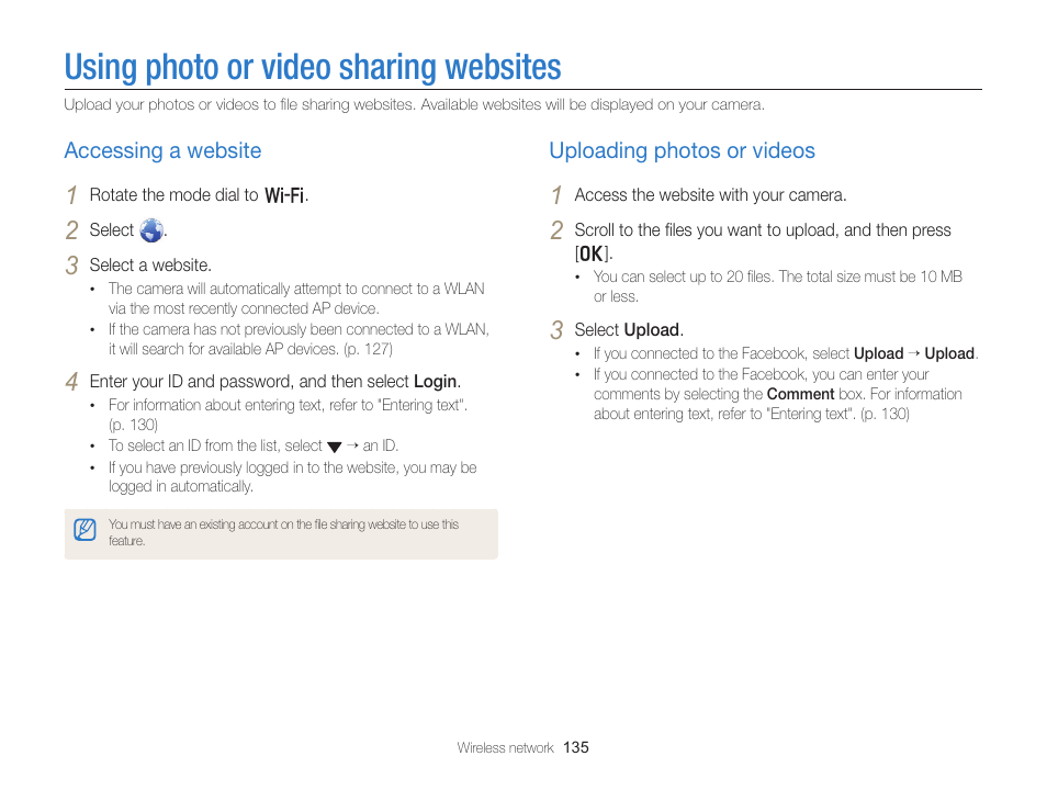 Using photo or video sharing websites, Accessing a website, Uploading photos or videos | Using photo or video sharing, Websites, Accessing a website …………………… 135, Uploading photos or videos …………… 135 | Samsung EC-EX2FZZBPBUS User Manual | Page 136 / 193
