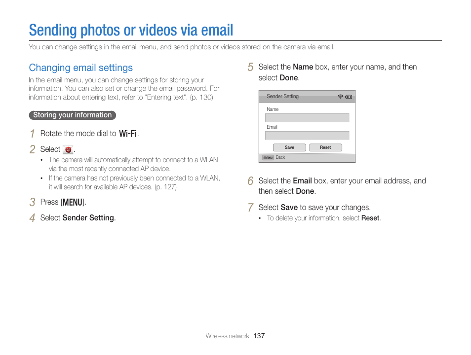 Sending photos or videos via email, Changing email settings, Changing email settings ……………… 137 | Samsung EC-EX2FZZBPBUS User Manual | Page 138 / 193