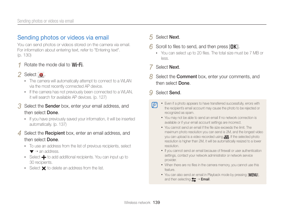 Sending photos or videos via email, Sending photos or videos via email …… 139 | Samsung EC-EX2FZZBPBUS User Manual | Page 140 / 193