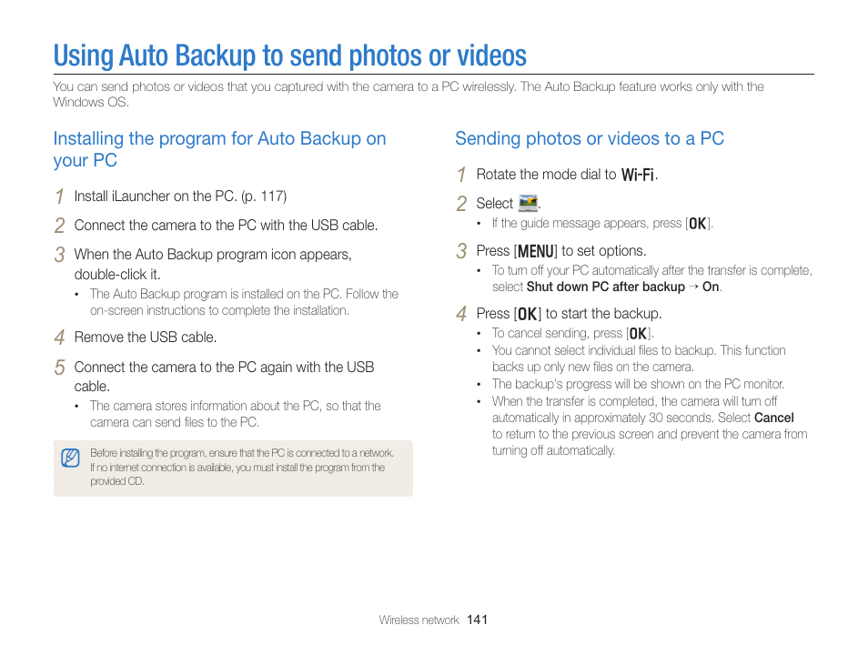 Using auto backup to send photos or videos, Installing the program for auto backup on your pc, Sending photos or videos to a pc | Using auto backup to send photos or, Videos, Installing the program for auto backup, On your pc …………………………… 141, Sending photos or videos to a pc …… 141 | Samsung EC-EX2FZZBPBUS User Manual | Page 142 / 193
