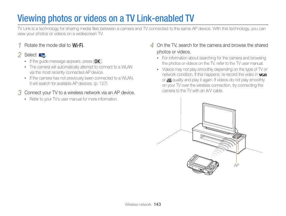 Viewing photos or videos on a tv link-enabled tv, Viewing photos or videos on a, Tv link-enabled tv | Samsung EC-EX2FZZBPBUS User Manual | Page 144 / 193
