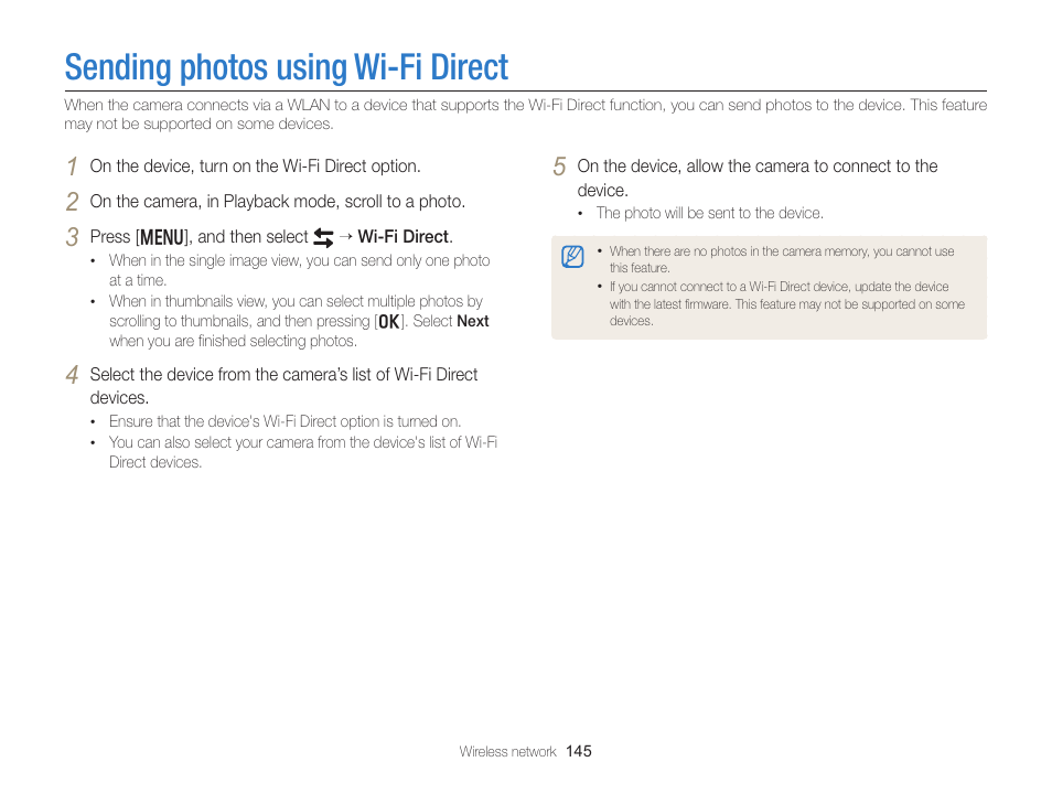 Sending photos using wi-fi direct | Samsung EC-EX2FZZBPBUS User Manual | Page 146 / 193