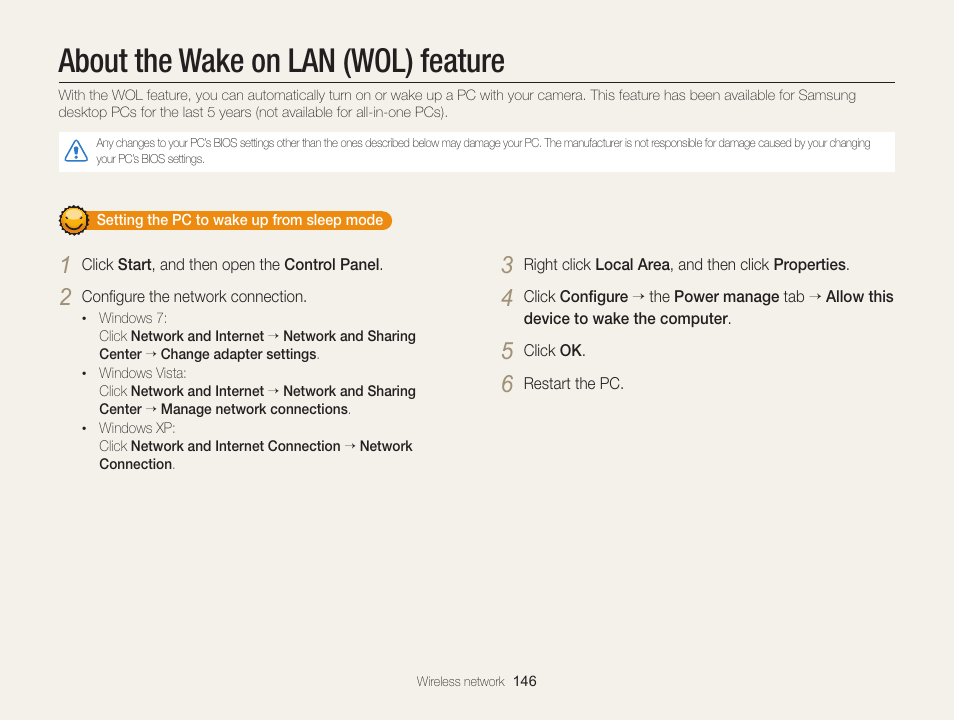 About the wake on lan (wol) feature, About the wake on lan (wol), Feature | Samsung EC-EX2FZZBPBUS User Manual | Page 147 / 193