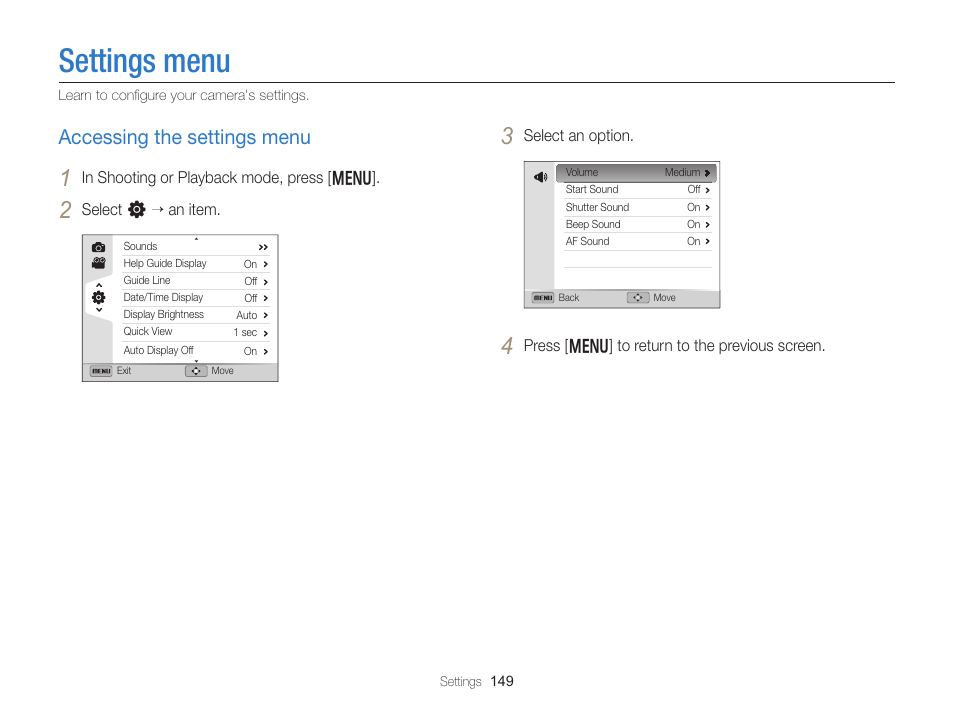 Settings menu, Accessing the settings menu, Accessing the settings menu ……………………… 149 | Samsung EC-EX2FZZBPBUS User Manual | Page 150 / 193