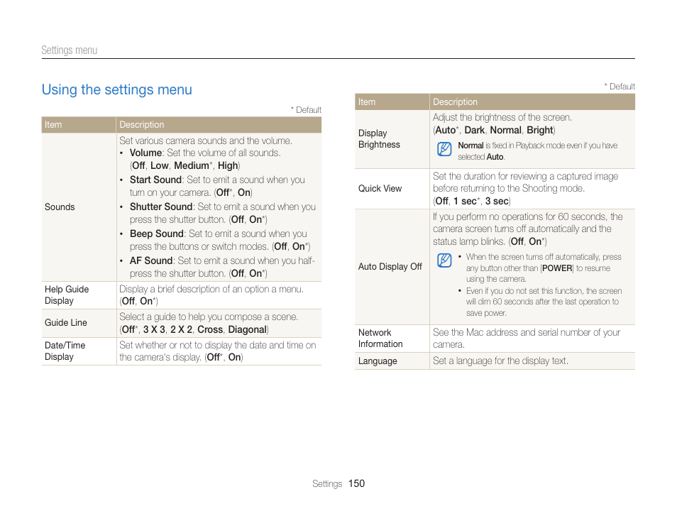 Using the settings menu, Using the settings menu …………………………… 150 | Samsung EC-EX2FZZBPBUS User Manual | Page 151 / 193
