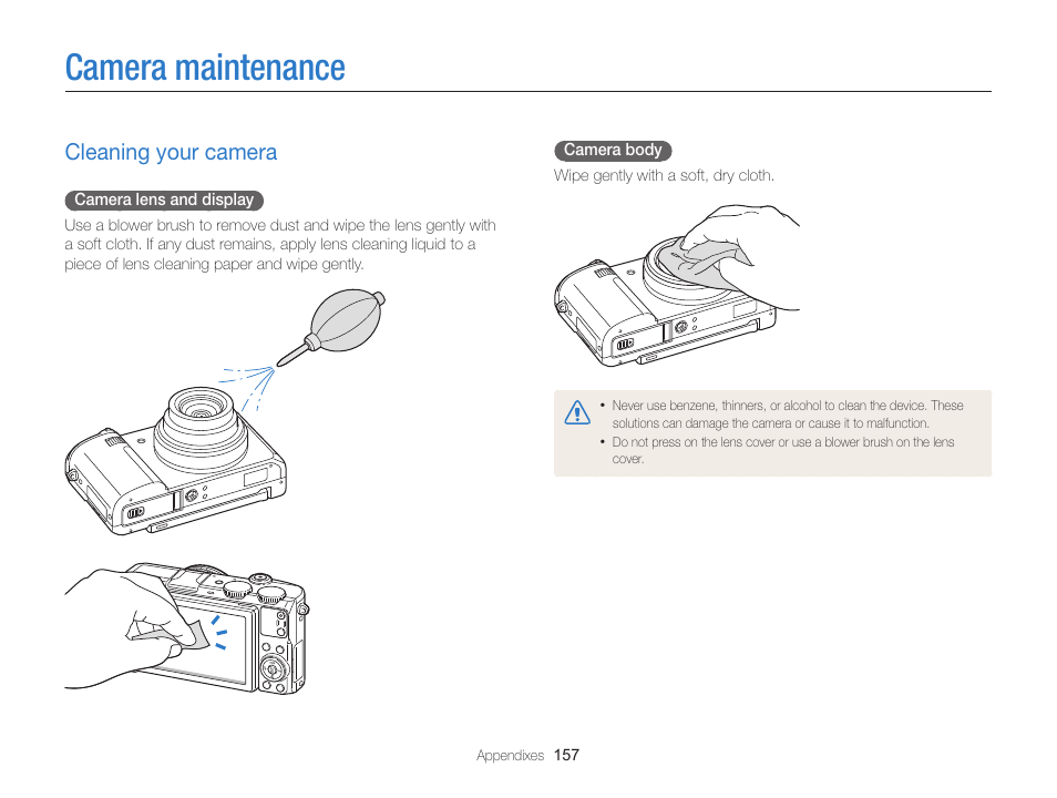 Camera maintenance, Cleaning your camera, Cleaning your camera ……………………………… 157 | Samsung EC-EX2FZZBPBUS User Manual | Page 158 / 193