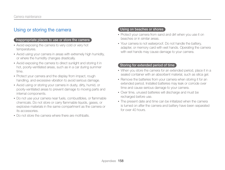 Using or storing the camera, Using or storing the camera ………………………… 158 | Samsung EC-EX2FZZBPBUS User Manual | Page 159 / 193