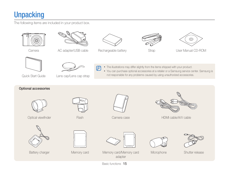 Unpacking | Samsung EC-EX2FZZBPBUS User Manual | Page 16 / 193