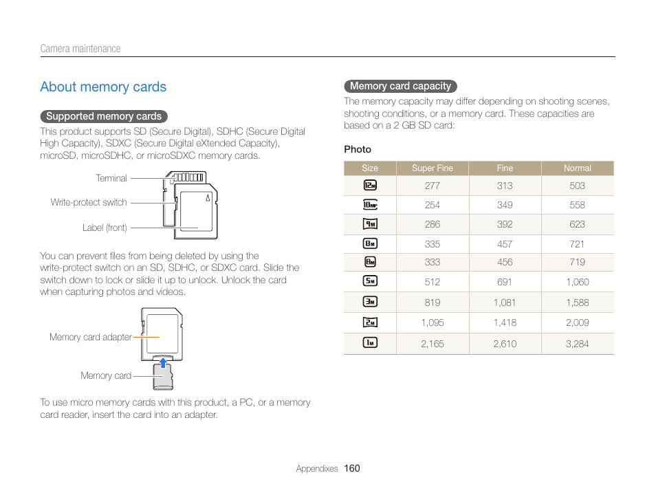 About memory cards, About memory cards ……………………………… 160 | Samsung EC-EX2FZZBPBUS User Manual | Page 161 / 193