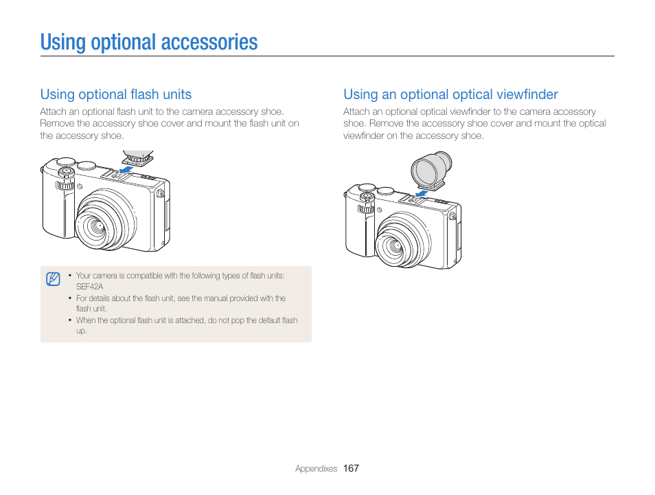 Using optional accessories, Using optional flash units, Using an optional optical viewfinder | Using optional flash units, Using an optional optical viewfinder, Using optional flash units …………………………… 167, Using an optional optical viewfinder ………………… 167 | Samsung EC-EX2FZZBPBUS User Manual | Page 168 / 193