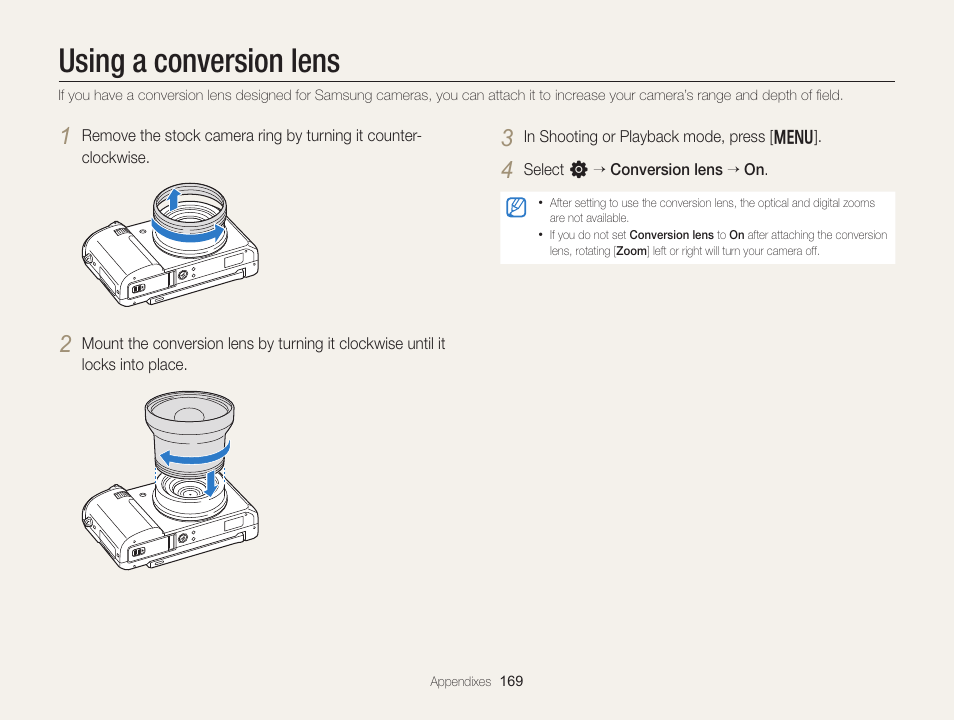 Using a conversion lens | Samsung EC-EX2FZZBPBUS User Manual | Page 170 / 193