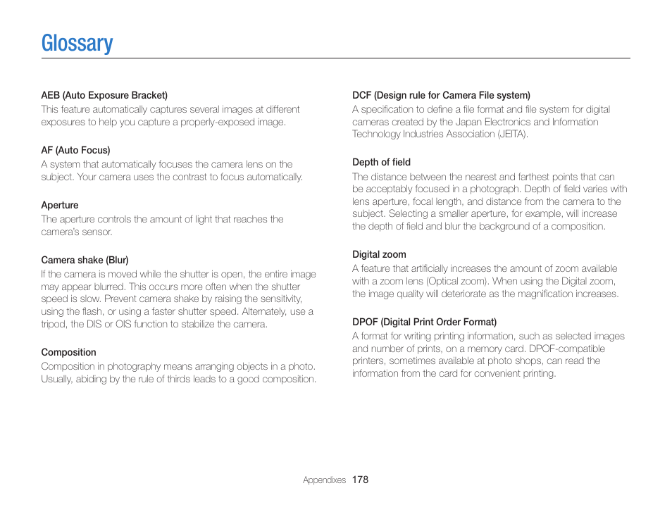 Glossary | Samsung EC-EX2FZZBPBUS User Manual | Page 179 / 193