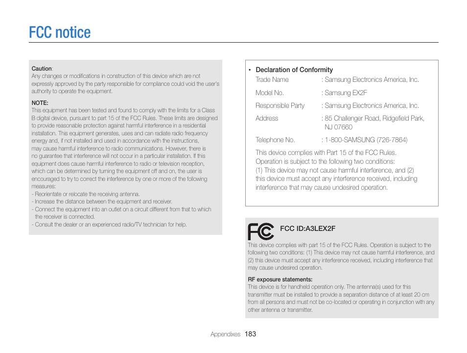 Fcc notice | Samsung EC-EX2FZZBPBUS User Manual | Page 184 / 193