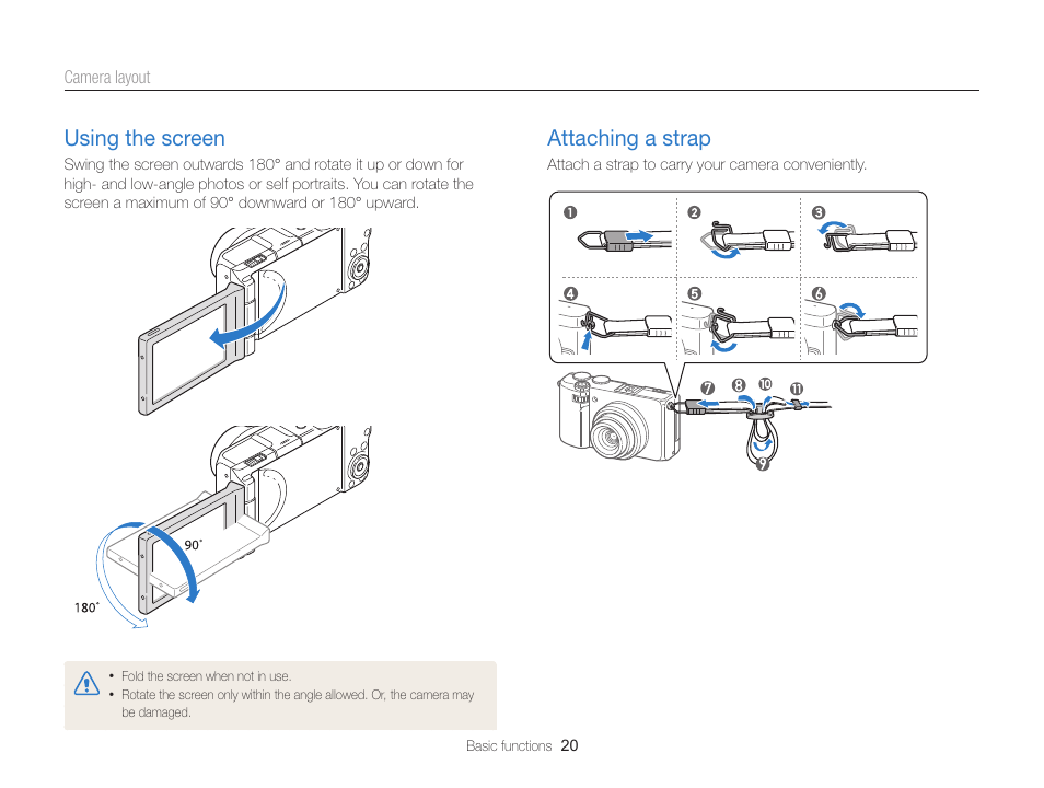 Using the screen, Attaching a strap, Using the screen ………………………… 20 | Attaching a strap ………………………… 20 | Samsung EC-EX2FZZBPBUS User Manual | Page 21 / 193