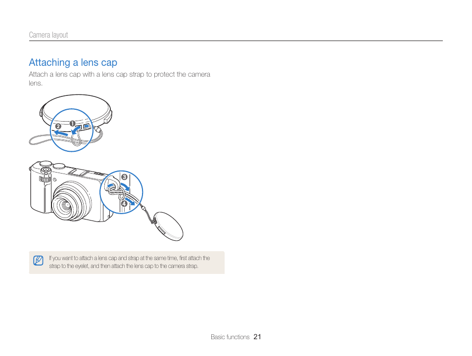Attaching a lens cap, Attaching a lens cap ……………………… 21 | Samsung EC-EX2FZZBPBUS User Manual | Page 22 / 193