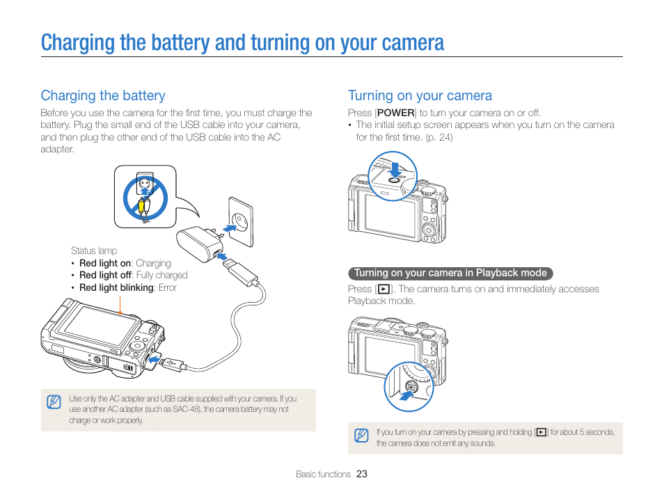 Charging the battery and turning on your camera, Charging the battery, Turning on your camera | Charging the battery and turning, On your camera, Charging the battery ……………………… 23, Turning on your camera ………………… 23 | Samsung EC-EX2FZZBPBUS User Manual | Page 24 / 193