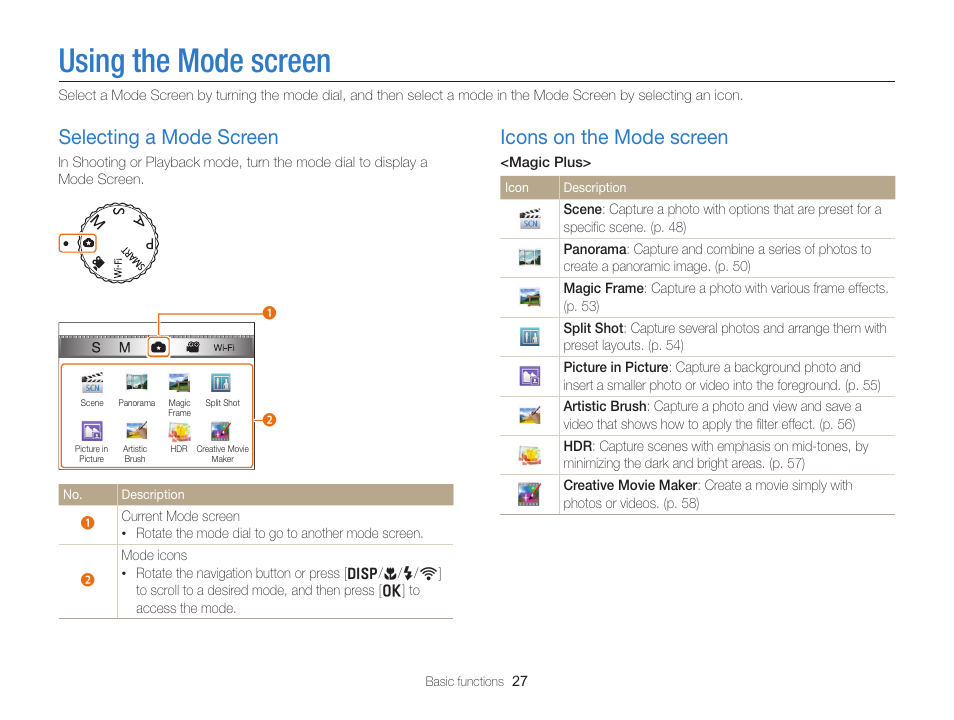 Using the mode screen, Selecting a mode screen, Icons on the mode screen | Selecting a mode screen ………………… 27, Icons on the mode screen ……………… 27 | Samsung EC-EX2FZZBPBUS User Manual | Page 28 / 193