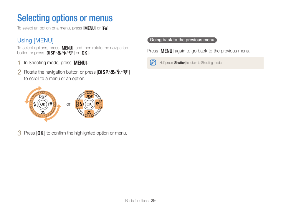 Selecting options or menus, Using [menu, Using [menu] …………………………… 29 | Samsung EC-EX2FZZBPBUS User Manual | Page 30 / 193