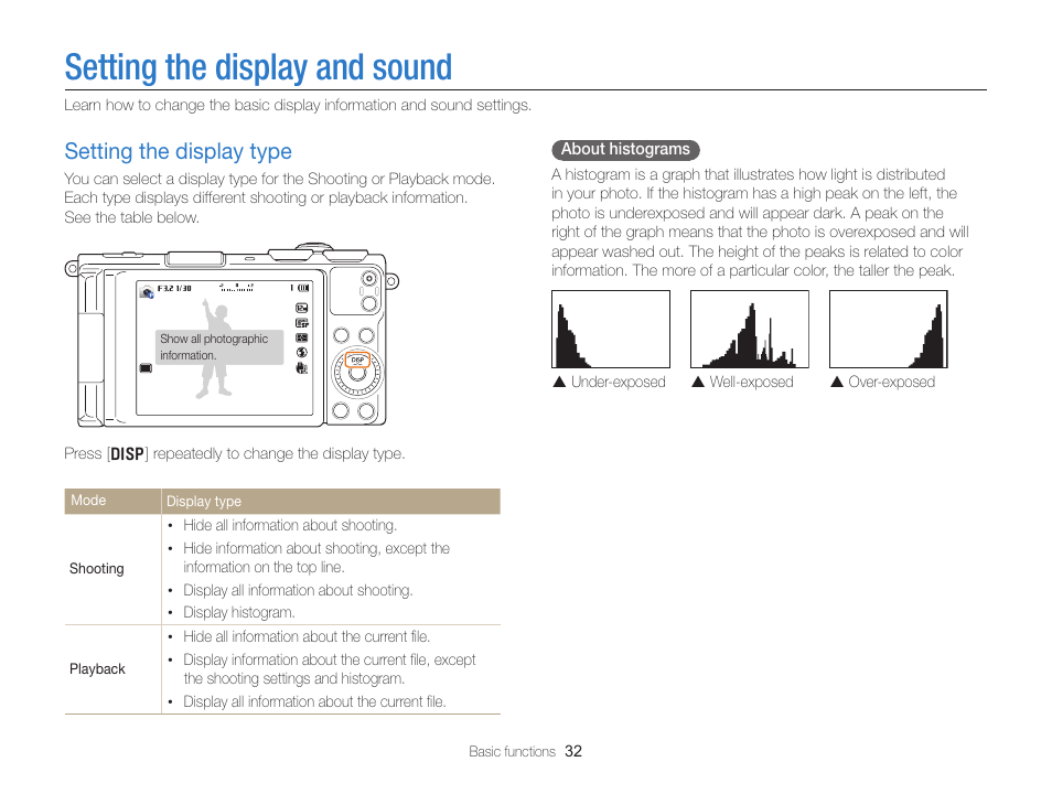 Setting the display and sound, Setting the display type, Setting the display type …………………… 32 | Samsung EC-EX2FZZBPBUS User Manual | Page 33 / 193