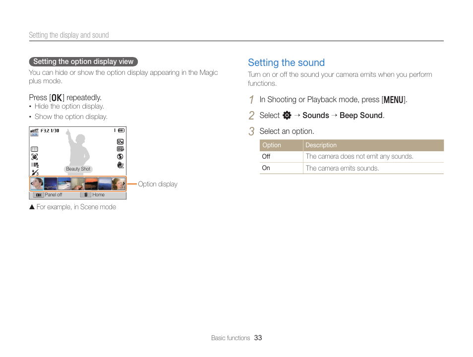 Setting the sound, Setting the sound ………………………… 33 | Samsung EC-EX2FZZBPBUS User Manual | Page 34 / 193