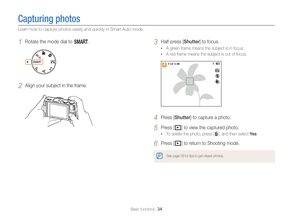 Capturing photos | Samsung EC-EX2FZZBPBUS User Manual | Page 35 / 193