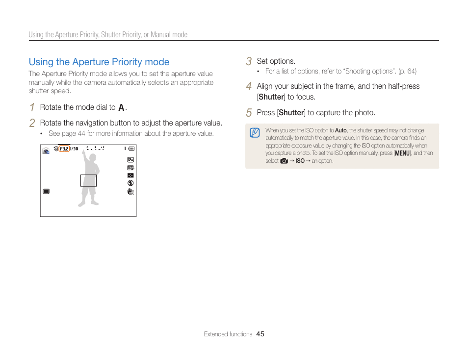Using the aperture priority mode, Using the aperture priority mode ………… 45 | Samsung EC-EX2FZZBPBUS User Manual | Page 46 / 193