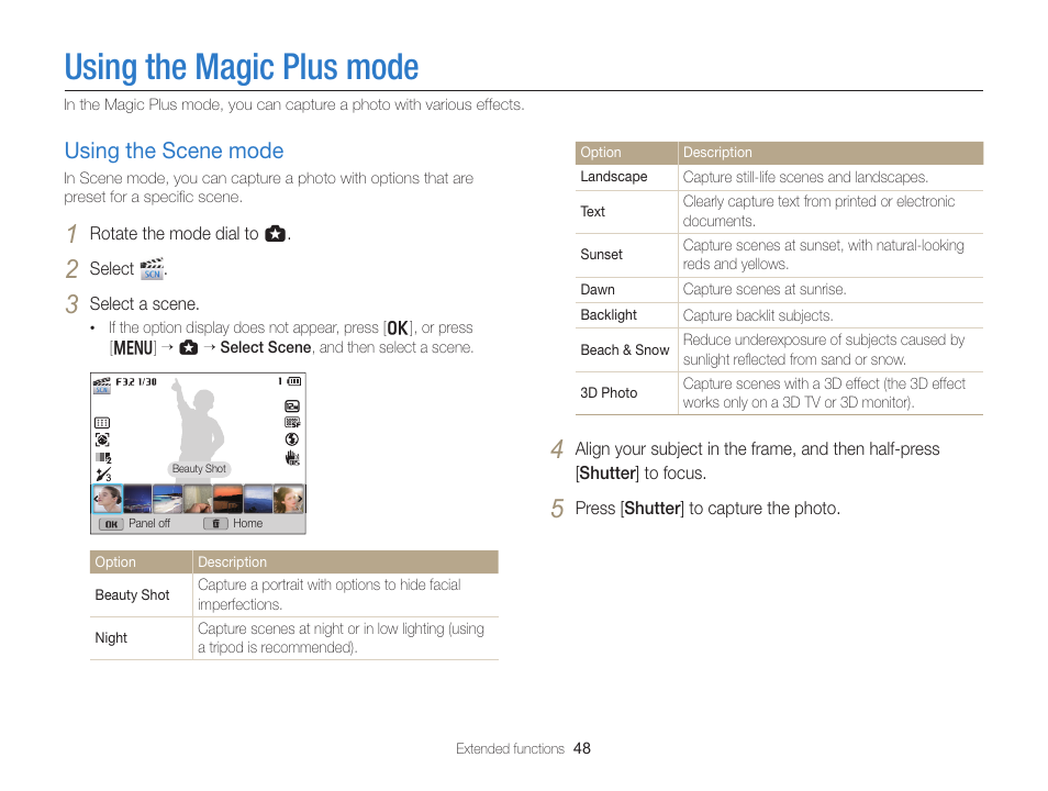 Using the magic plus mode, Using the scene mode, Mode. (p. 48) | Using the scene mode …………………… 48 | Samsung EC-EX2FZZBPBUS User Manual | Page 49 / 193