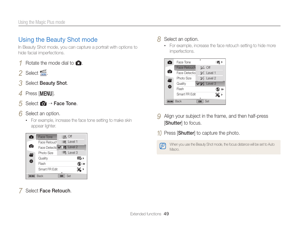 Using the beauty shot mode, Using the beauty shot mode …………… 49 | Samsung EC-EX2FZZBPBUS User Manual | Page 50 / 193