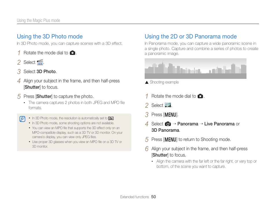 Using the 3d photo mode, Using the 2d or 3d panorama mode, Using the 3d photo mode ……………… 50 | Using the 2d or 3d panorama mode …… 50 | Samsung EC-EX2FZZBPBUS User Manual | Page 51 / 193