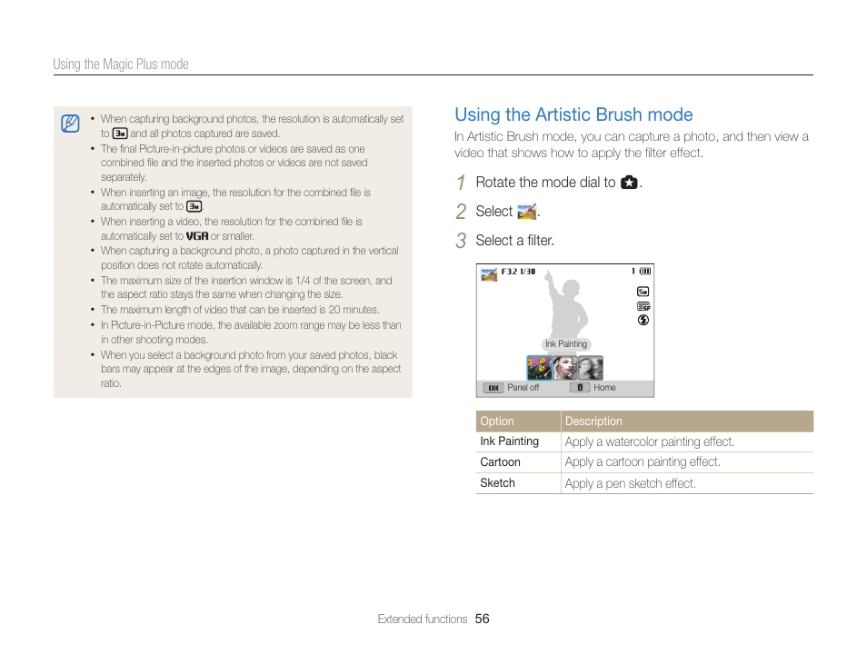 Using the artistic brush mode, Using the artistic brush mode …………… 56 | Samsung EC-EX2FZZBPBUS User Manual | Page 57 / 193
