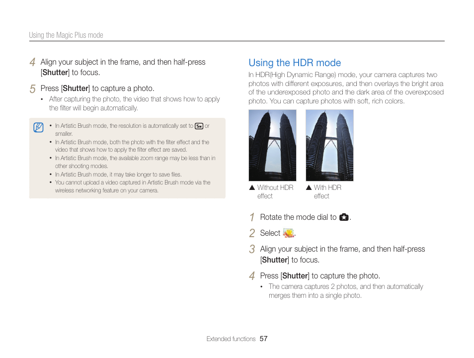 Using the hdr mode, Using the hdr mode …………………… 57 | Samsung EC-EX2FZZBPBUS User Manual | Page 58 / 193