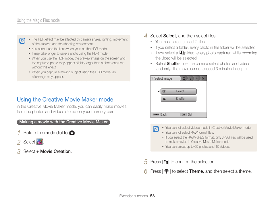 Using the creative movie maker mode, Using the creative movie maker mode …… 58 | Samsung EC-EX2FZZBPBUS User Manual | Page 59 / 193
