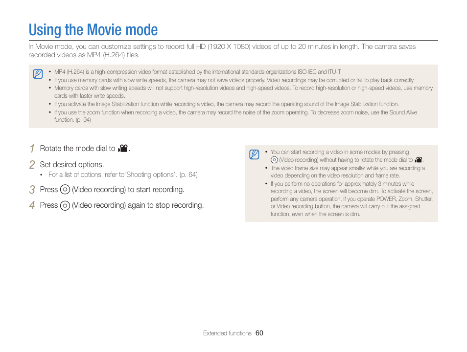 Using the movie mode | Samsung EC-EX2FZZBPBUS User Manual | Page 61 / 193