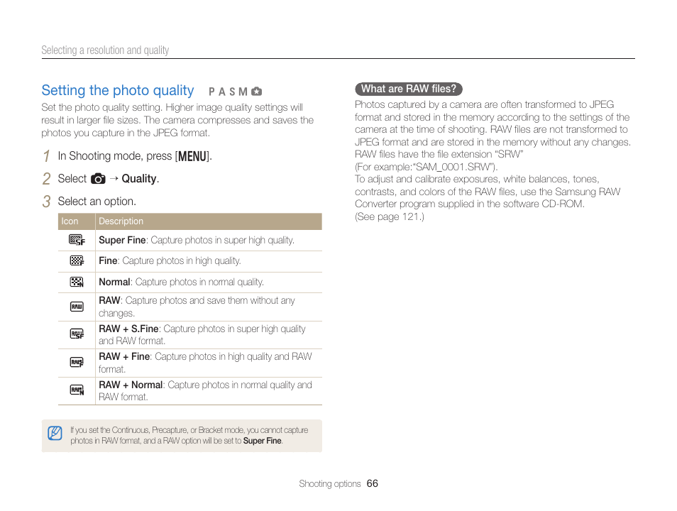 Setting the photo quality, Setting the photo quality ………………… 66 | Samsung EC-EX2FZZBPBUS User Manual | Page 67 / 193