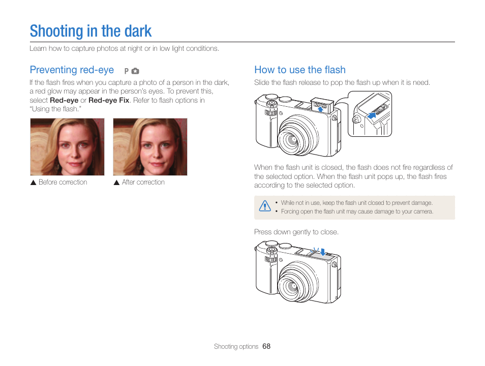 Shooting in the dark, Preventing red-eye, How to use the flash | P. 68), How to use the ﬂash, Preventing red-eye ……………………… 68, How to use the ﬂash ……………………… 68 | Samsung EC-EX2FZZBPBUS User Manual | Page 69 / 193