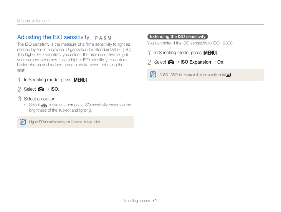 Adjusting the iso sensitivity, Set iso sensitivity options. (p. 71), Adjusting the iso sensitivity ……………… 71 | Samsung EC-EX2FZZBPBUS User Manual | Page 72 / 193