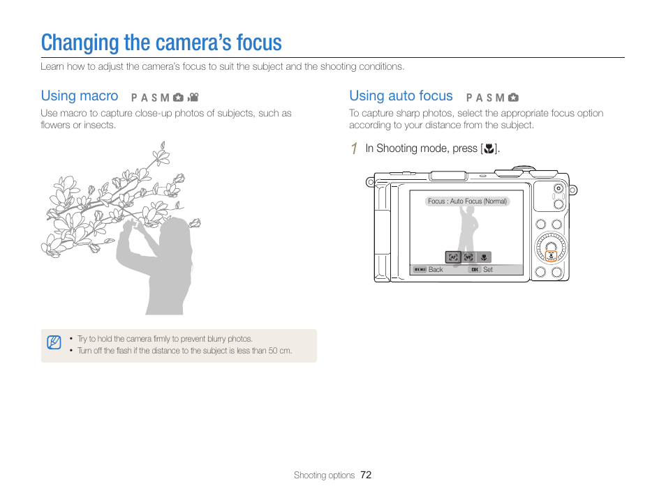 Changing the camera’s focus, Using macro, Using auto focus | Using macro ……………………………… 72, Using auto focus ………………………… 72 | Samsung EC-EX2FZZBPBUS User Manual | Page 73 / 193