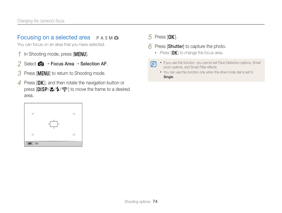 Focusing on a selected area, Focusing on a selected area ……………… 74 | Samsung EC-EX2FZZBPBUS User Manual | Page 75 / 193