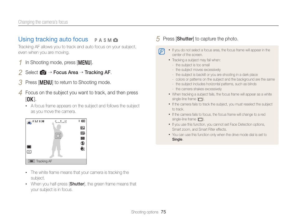 Using tracking auto focus, Using tracking auto focus ………………… 75 | Samsung EC-EX2FZZBPBUS User Manual | Page 76 / 193