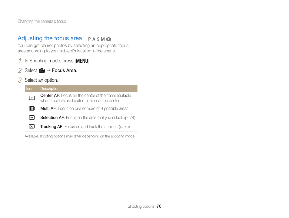 Adjusting the focus area, Adjusting the focus area ………………… 76 | Samsung EC-EX2FZZBPBUS User Manual | Page 77 / 193