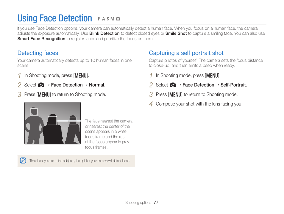 Using face detection, Detecting faces, Capturing a self portrait shot | Detecting faces …………………………… 77, Capturing a self portrait shot ……………… 77 | Samsung EC-EX2FZZBPBUS User Manual | Page 78 / 193