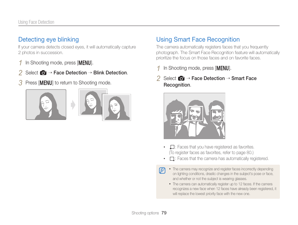 Detecting eye blinking, Using smart face recognition, Detecting eye blinking …………………… 79 | Using smart face recognition …………… 79 | Samsung EC-EX2FZZBPBUS User Manual | Page 80 / 193