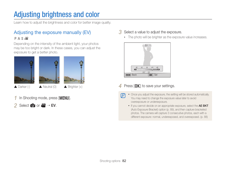 Adjusting brightness and color, Adjusting the exposure manually (ev), Adjust the exposure. (p. 82) | Adjusting the exposure manually (ev) …… 82 | Samsung EC-EX2FZZBPBUS User Manual | Page 83 / 193