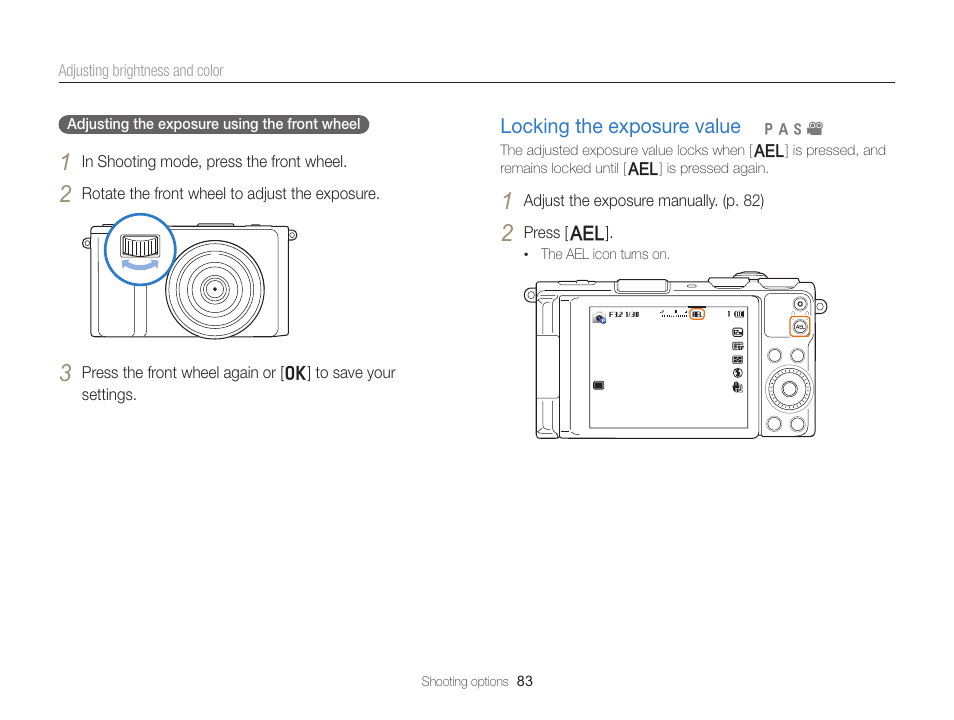 Locking the exposure value, Locking the exposure value ……………… 83 | Samsung EC-EX2FZZBPBUS User Manual | Page 84 / 193