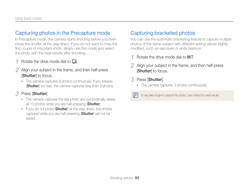 Capturing photos in the precapture mode, Capturing bracketed photos, Capturing photos in the | Precapture mode ………………………… 88, Capturing bracketed photos ……………… 88 | Samsung EC-EX2FZZBPBUS User Manual | Page 89 / 193