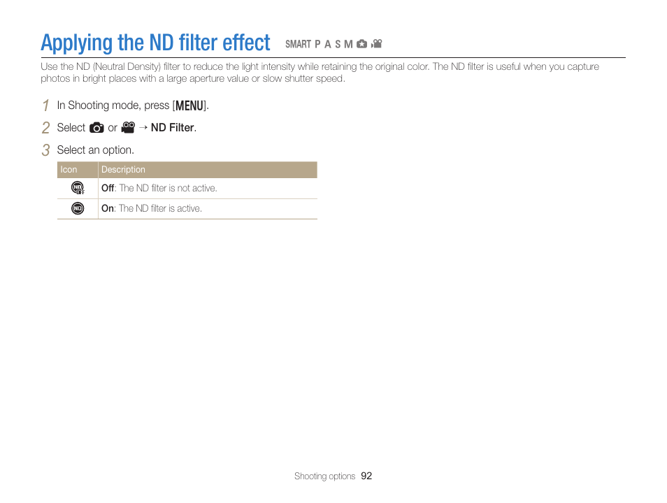 Applying the nd filter effect, Applying the nd ﬁlter effect | Samsung EC-EX2FZZBPBUS User Manual | Page 93 / 193